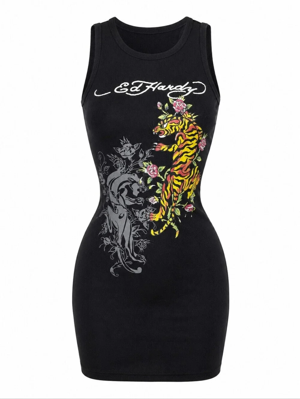 ED HARDY Tiger Ribbed Sleeveless MINI DRESS Women's Size Large NWT